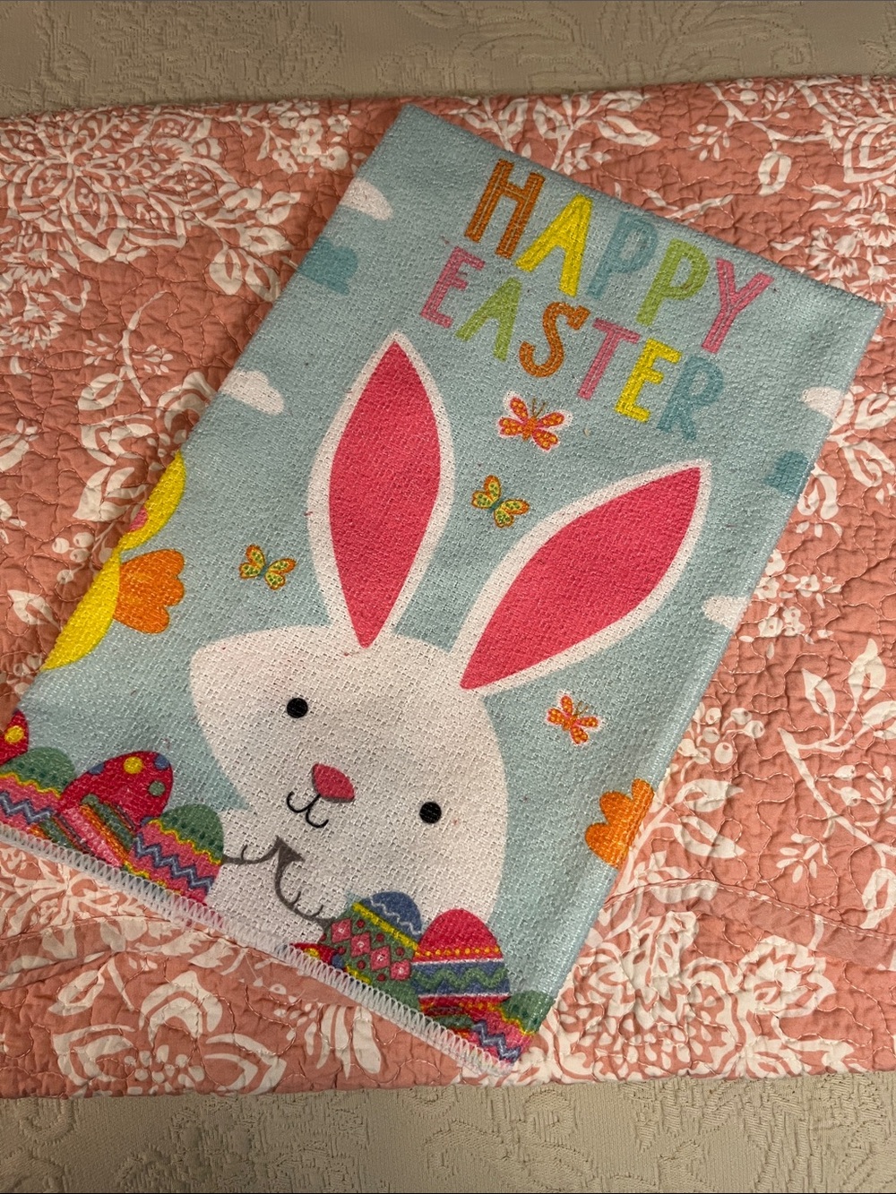 Happy Easter Bunny Decorative Towel - Light Blue with Pink Accents